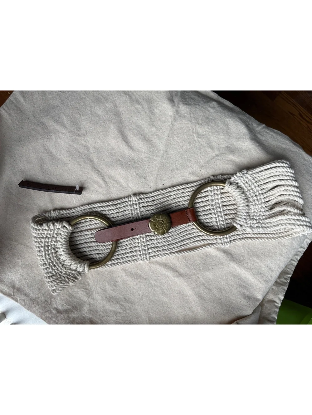 Wide Cream Rope Belt with Brass Rings and Brown Leather Strap